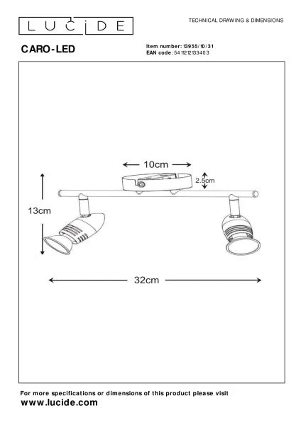 Lucide CARO-LED - Spot plafond - LED - GU10 - 2x5W 2700K - Blanc - technique